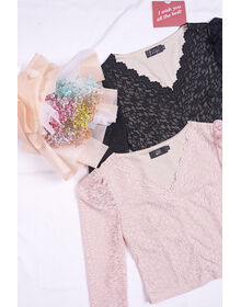 Fine V Neck Long Sleeve Lace Overlay Top (Red Bean)